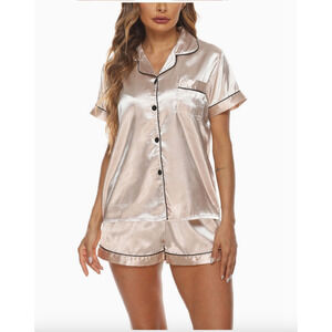 Womens Silk Satin Pajamas Set Loungewear Button-Down Pj Sets (Champagne))